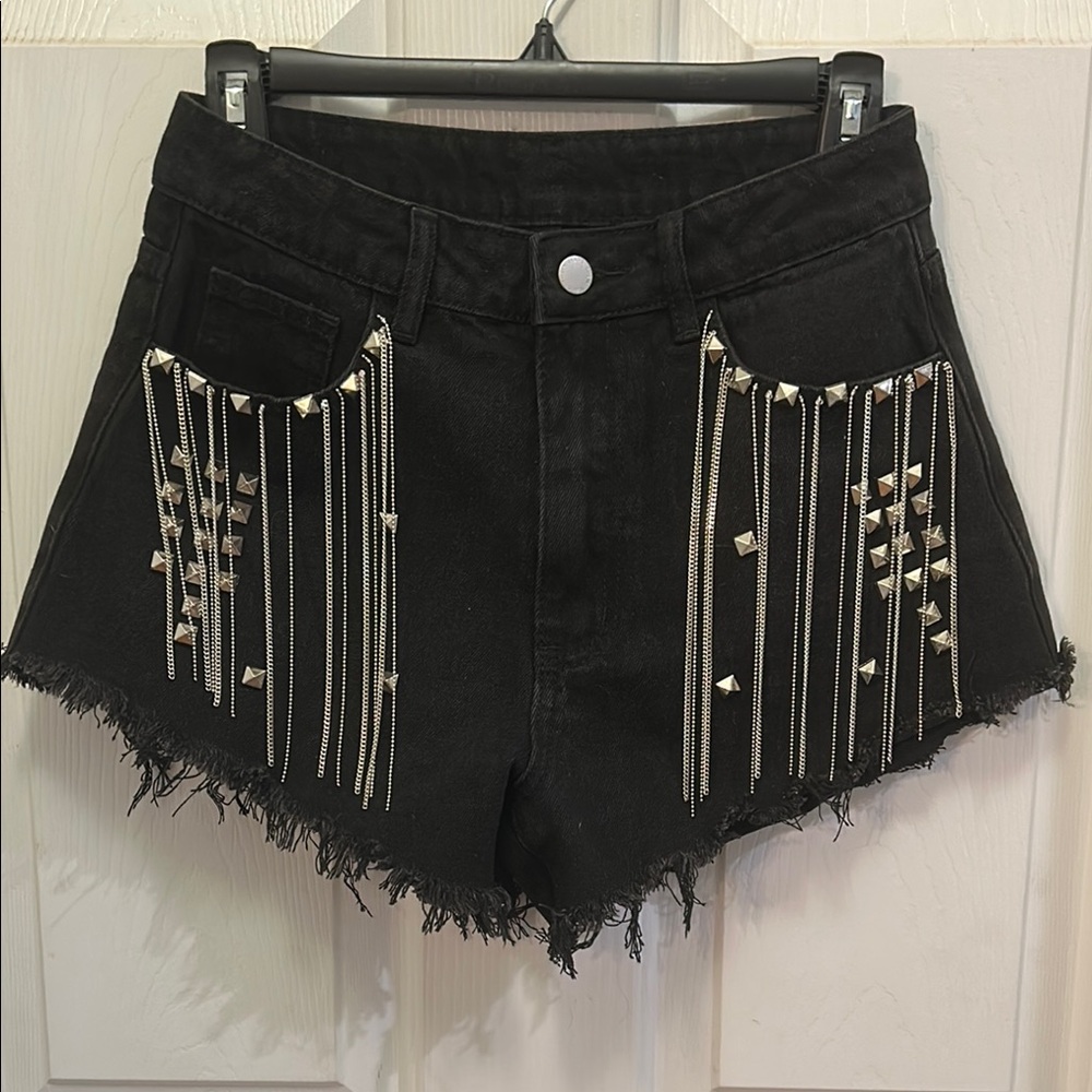 Black Fringed Women Shorts with Gold Accents